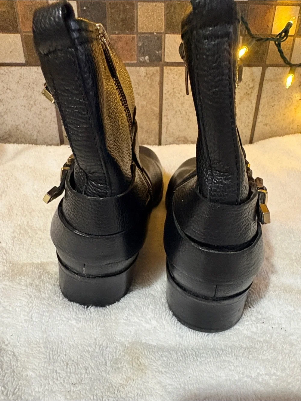 Marc Fisher Black Leather Ankle Booties with Gold Buckle Accents like New